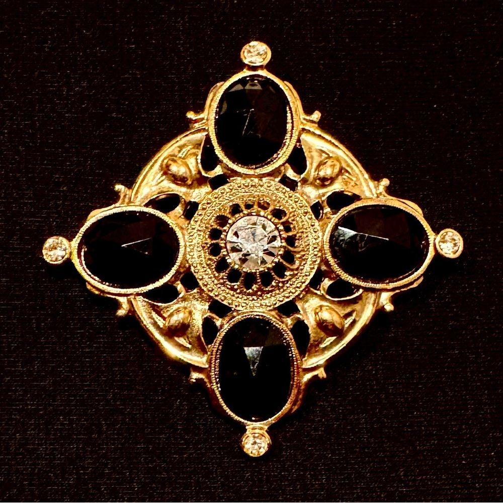 Vintage 90s Gold and Black and Rhinestone Brooch